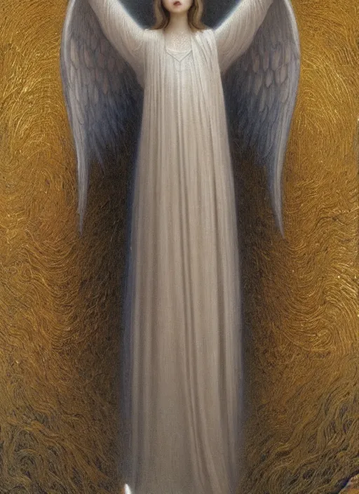 Prompt: thin young beautiful angel with silver hair, pale!, wearing white robes!, wearing hair, golden goddess, young adorable korean face, silver hair!!, oil on canvas, style of jean delville, 4 k resolution, aesthetic!,