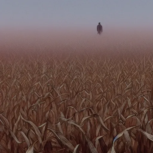 Prompt: demons inside a corn field, foggy, artstation