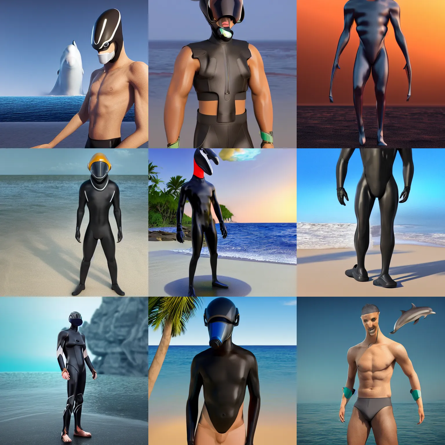 Prompt: synthetic anthro male with a wide neck and a dolphin's head and tail, sleek waterproof design, dark opaque visor over top of face, standing on a beach, commission on furaffinity, cgsociety, octane render