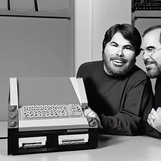 Prompt: steve jobs and steve wozniak inventing apple ii, lego set,