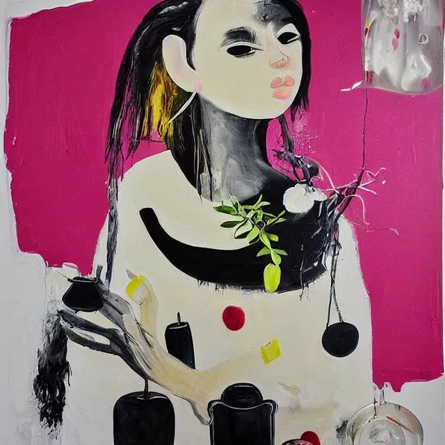 Image similar to “ a portrait in a female art student ’ s apartment, sensual, a pig theme, art supplies, paint tubes, ikebana, herbs, a candle dripping white wax, black walls, squashed berries, berry juice drips, acrylic and spray paint and oilstick on canvas, surrealism, neoexpressionism ”