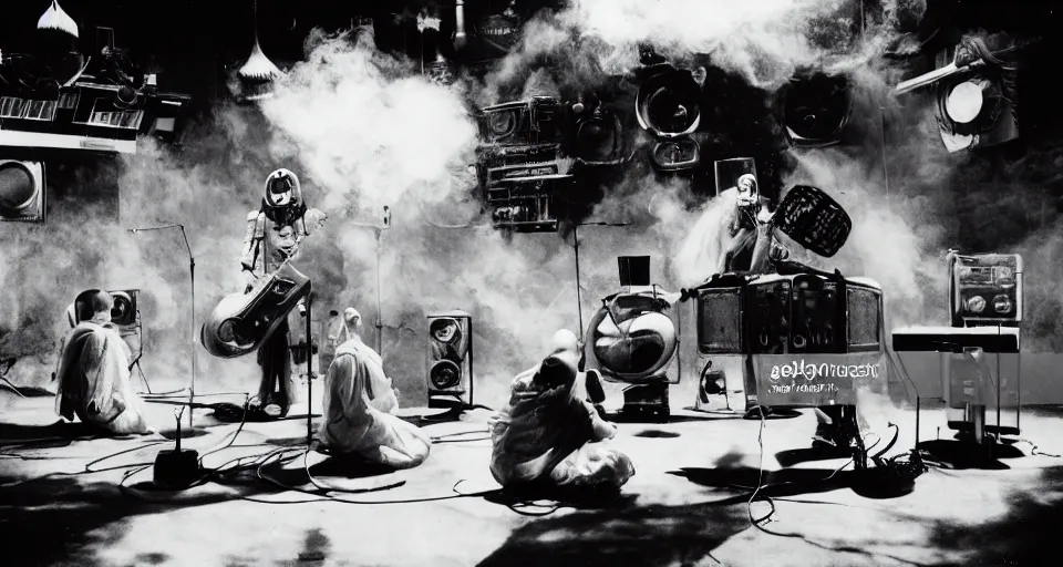 Prompt: 70s scifi film production still of robot musician tribal monks playing music instruments in a futuristic space-station music studio interior with smoke fog steam, half shot, guitarists