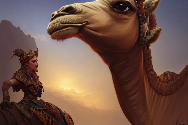 Prompt: triple headed camel, 1 0 0 1 night, deep focus, d & d, fantasy, intricate, elegant, highly detailed, digital painting, artstation, concept art, matte, sharp focus, illustration, hearthstone, art by artgerm and greg rutkowski and alphonse mucha