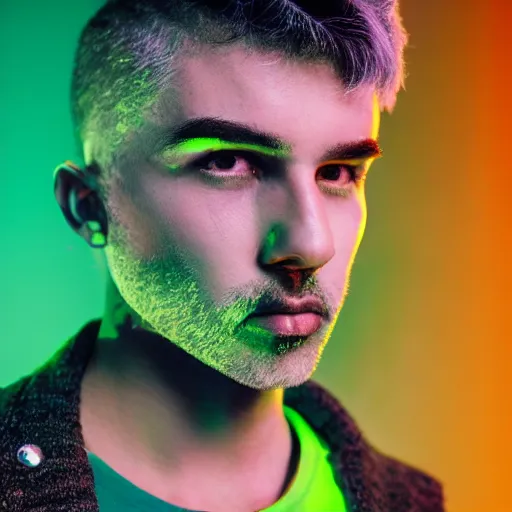 Prompt: bust portrait of handsome proud man mid 3 0 s with short black hair with grey hair, piercing in eyebrow, very short full beard, cyberpunk, fashion editorial photography, neon color scheme, waist up, low angle