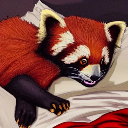 Image similar to commissioned full body portrait of an anthro!! red panda waking up in bed! and yawning, trending on furaffinity,