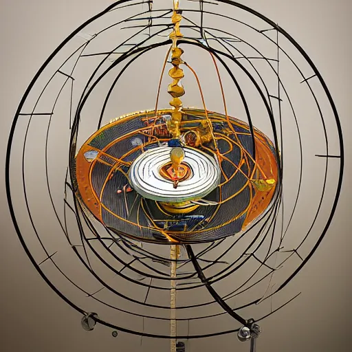 Prompt: a kinetic sculpture of this solar system, sun, orrery, canon 5 d 5 0 mm lens, papier - mache, studio, 1 9 5 4