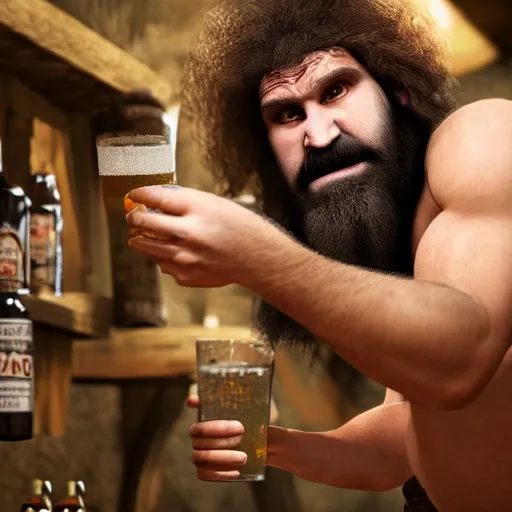 Prompt: photo of ancient caveman discovering beer for the first time, high detail, ultra realistic, 4k UHD, pristine