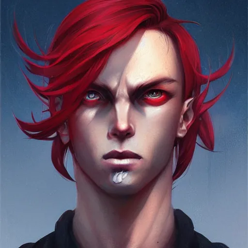 Image similar to headshot portrait of male anime character extremely sharp jaws slit yellow eyes medium red hair by anato finnstark, tom bagshaw, brom