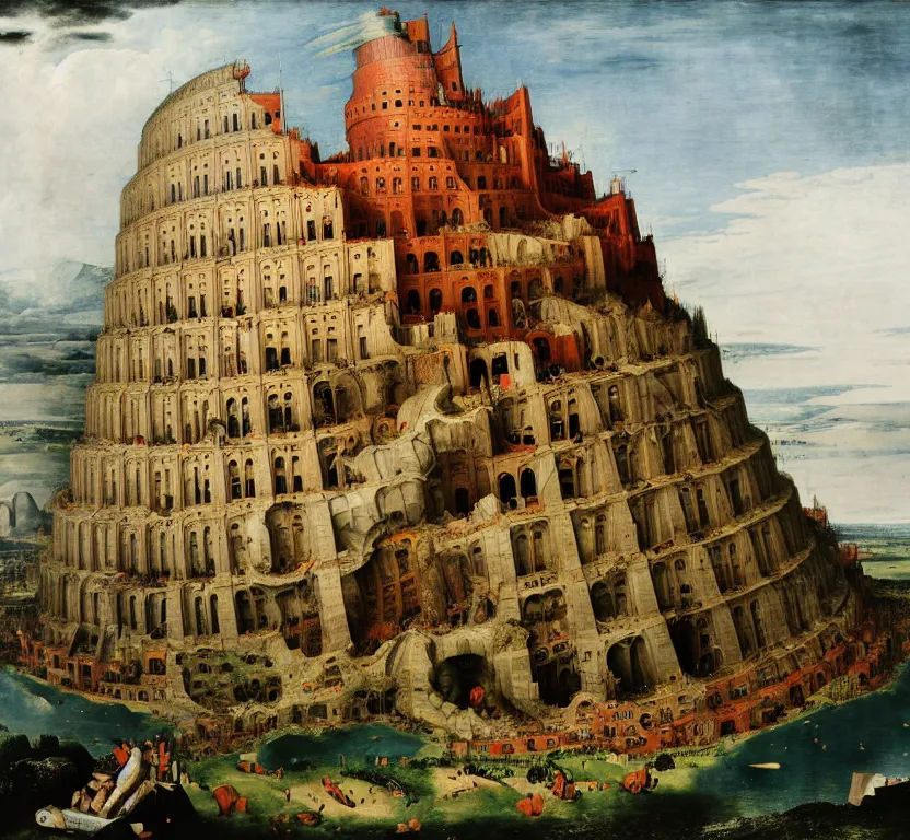 Prompt: the tower of babel after it collapses into rubble, hit by an explosion, by pieter breugel the elder
