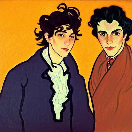 Image similar to painting of young cute handsome beautiful dark medium wavy hair man in his 2 0 s named shadow taehyung and cute handsome short dark hair man together at the halloween jack o lantern pumpkin party, autumn colors, elegant, clear, painting, stylized, delicate, soft facial features, delicate facial features, soft art, art by alphonse mucha, vincent van gogh, egon schiele