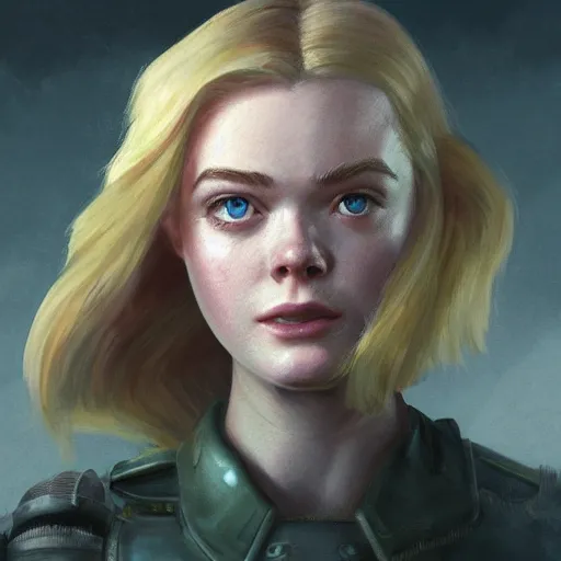 Prompt: professional painting of Elle Fanning in Fallout 3 in the style of Craig Mullins, head and shoulders portrait, symmetrical facial features, smooth, sharp focus, illustration, intricate, stormy weather, extremely detailed masterpiece,
