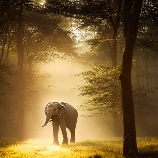 Image similar to An elephant walking in a forest, natural lighting, sunbeams, golden hour, misty atmospherics