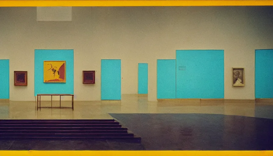 Image similar to 60s movie still of a sovietic stalinist style empty art museum with a soviet congress with yellow wall, LOMOGRAPHY LOMOCHROME TURQUOISE XR 100-400 (35MM), liminal Space style, heavy grain