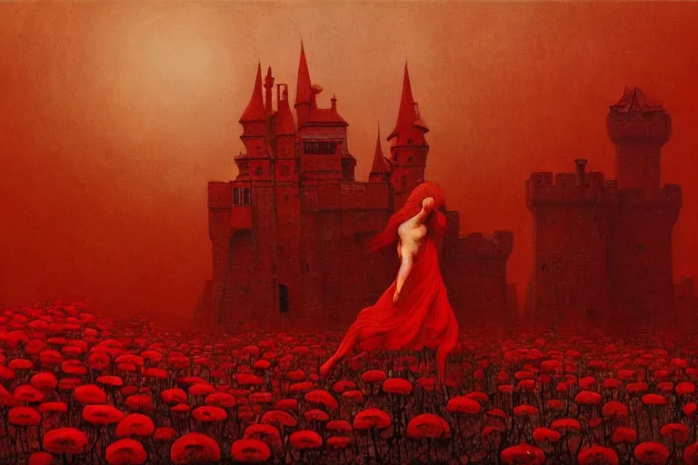 Image similar to only with red, red flowers of different types, a red tiger, a castle in the background, medieval demons dance over the flowers, an ancient path, in the style of beksinski, part by hopper, part by rodcenko, part by hofbauer, intricate composition, red by caravaggio, insanely quality, highly detailed, masterpiece, red light, artstation