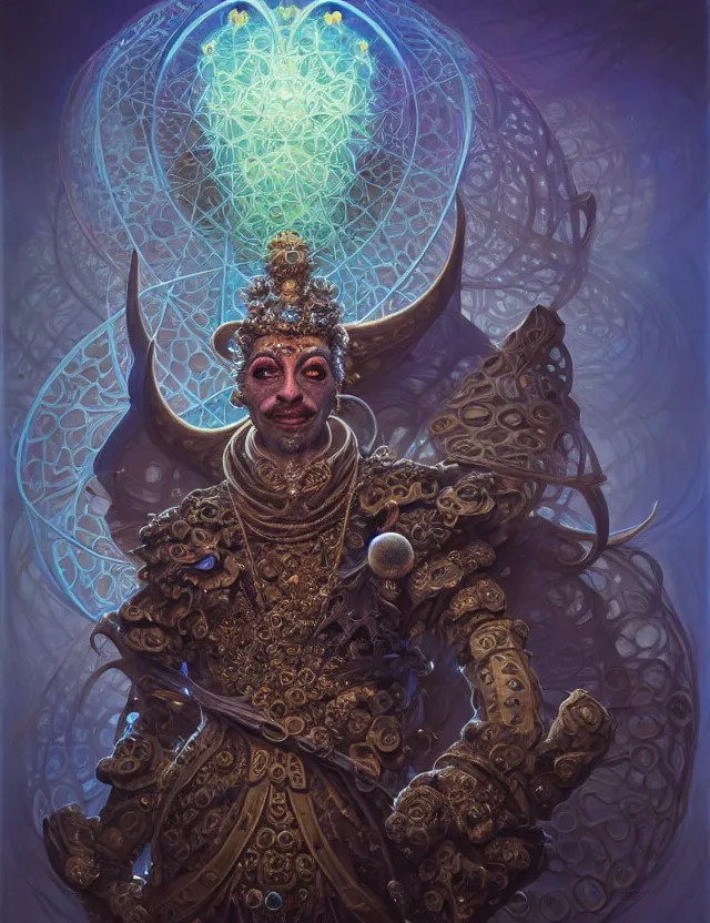 Image similar to front shot of a court jester character, hyperdimensional, bioluminescent hypercubes, ((intricate)), elegant, highly detailed, centered, (((artstation, concept art, smooth, sharp focus, artgerm, Tomasz Alen Kopera, Peter Mohrbacher, donato giancola, Joseph Christian Leyendecker, WLOP, Boris Vallejo))), mugshot!!!!!, ugly!!!!!!, octane render, nvidia raytracing demo, grainy, muted, 8K, digitalblasphemy