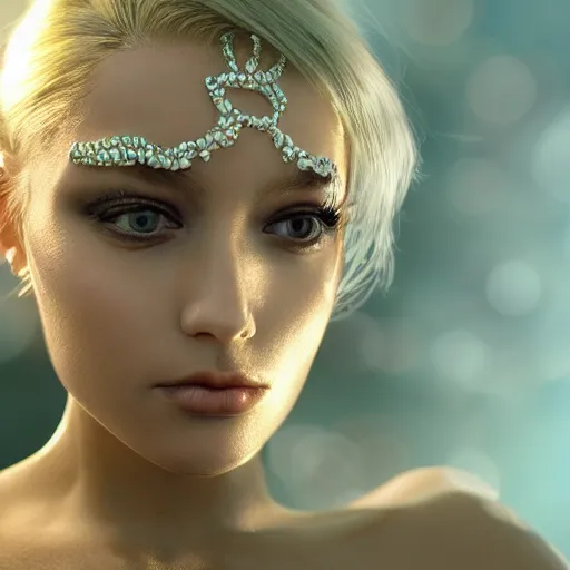 Prompt: beautiful face, crystal, platinum, gold, biomechanoid with incredible iridescent pearlescent voluminous fiberoptic hair, crystalline masterpiece implants, hyperdetailed face, elegant pose, movie still, intricate, octane render, cinematic forest lighting, unreal engine, crepuscular rays, god rays.