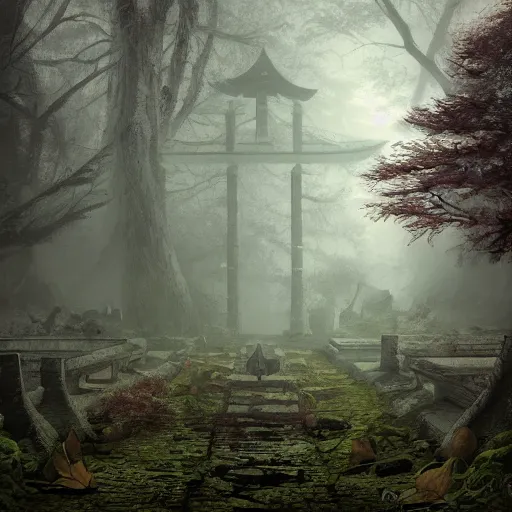 Prompt: japanese abandoned temple in the woods, dark, moody, foggy by Marc Simonetti