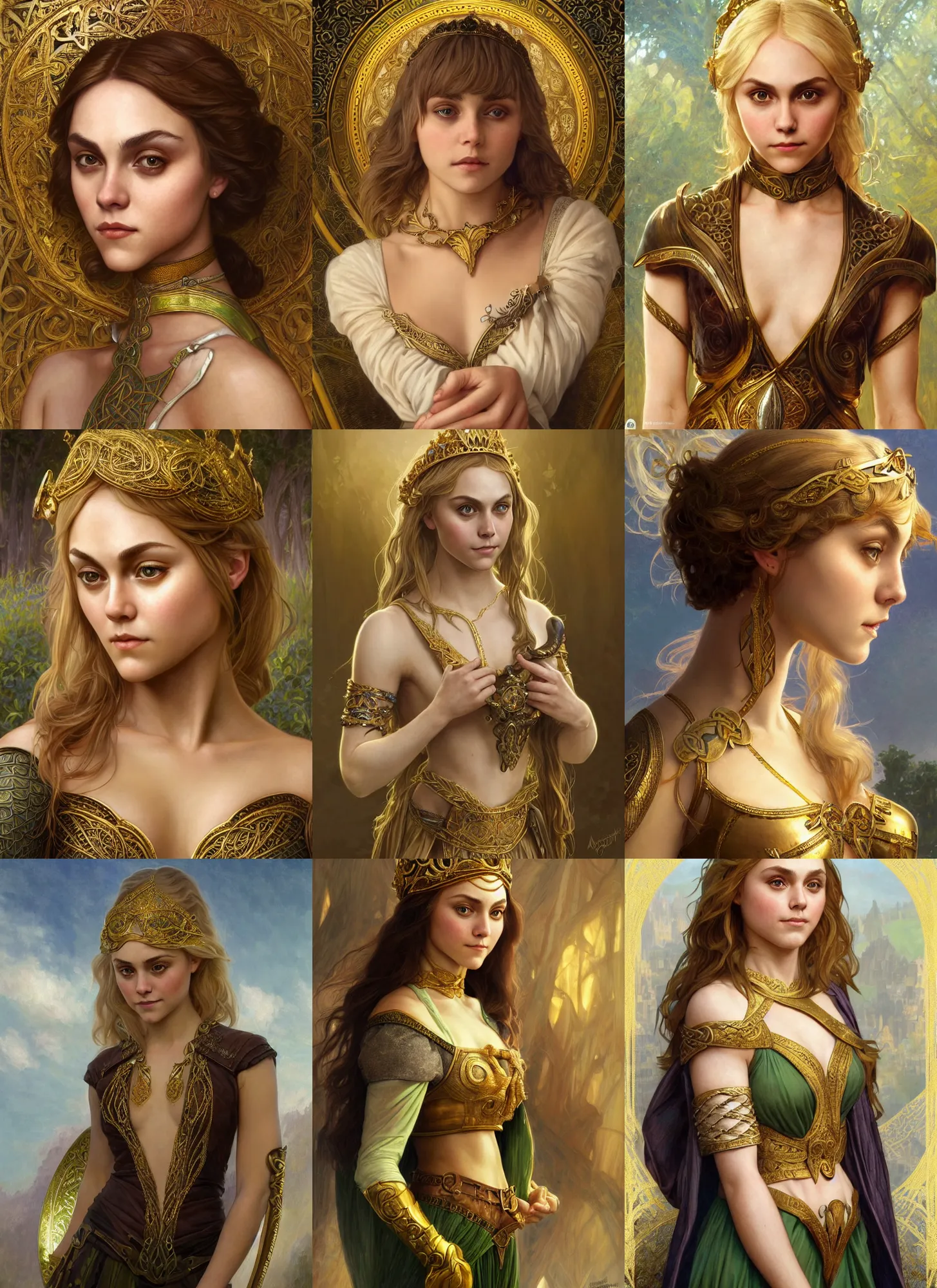 Prompt: portrait of Annasophia Robb as celtic princess, olive skin, bowl haircut, beautiful bone structure, shiny gold background, intricate, elegant, highly detailed, digital painting, artstation, concept art, smooth, sharp focus, illustration, art by artgerm and greg rutkowski and alphonse mucha and bouguereau