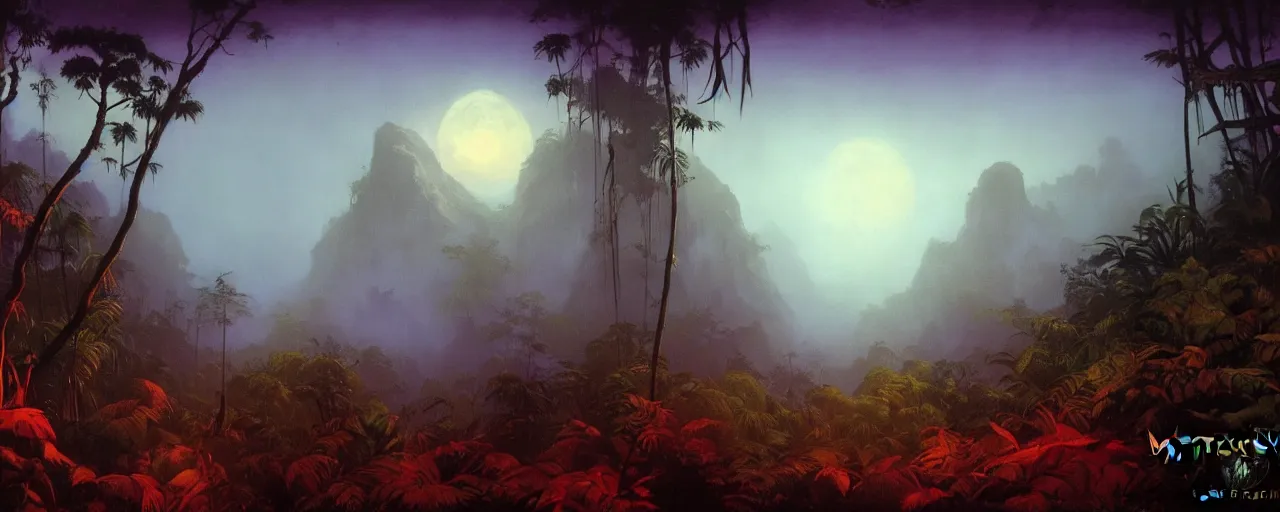 Prompt: very detailed mystic foggy cinematic jungle background , moon,backlight trees by frazetta