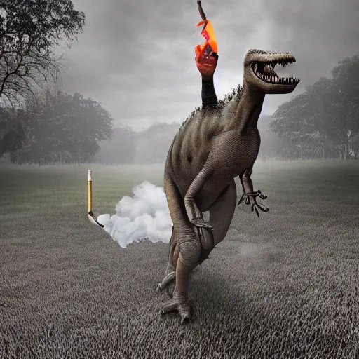 Image similar to a realistic photo of a dinosaur standing on two legs smoking a cigarette in their mouth hdr professional shot, full body