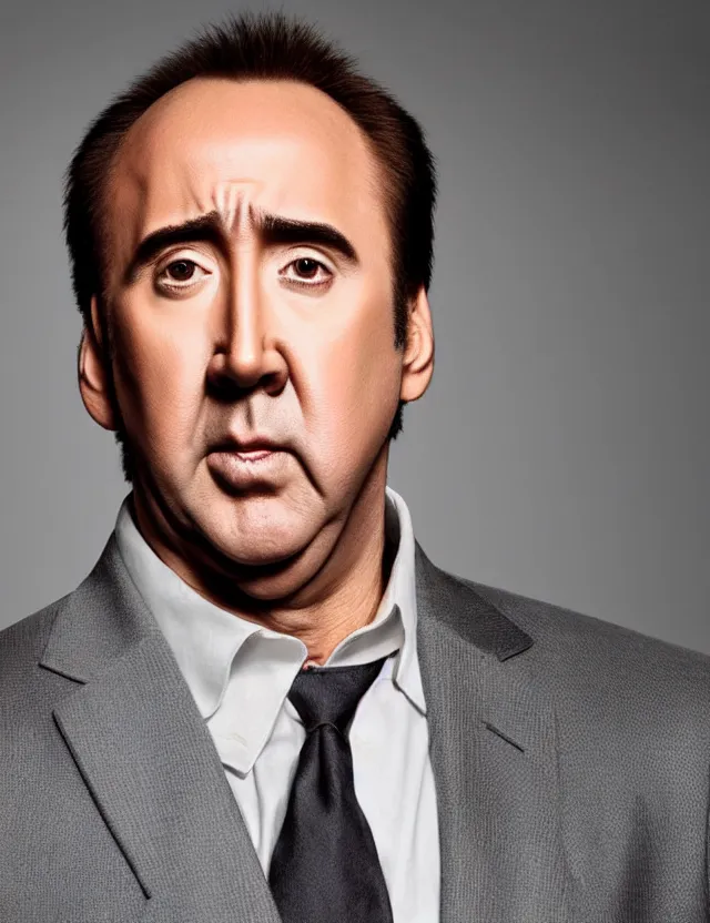 Image similar to professional portrait of nicolas cage neutral expression face straight on headshot even lighting