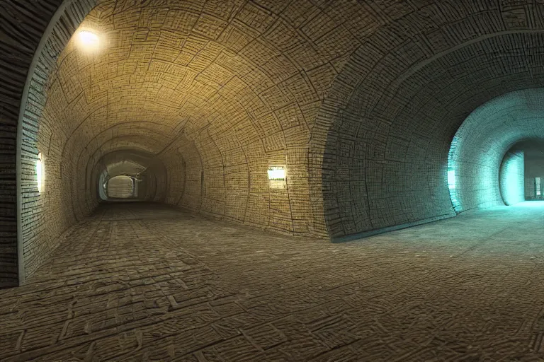 Prompt: an intricate sewers tunnel system with gym equipment, a water channel runs through the center, underground, the tunnel walls are made of large brown bricks, interlacing paths, brass pipes on the walls, a slight green glow emanates from the water, warm lighting, soft shadows, stylized PBR materials, Artstation