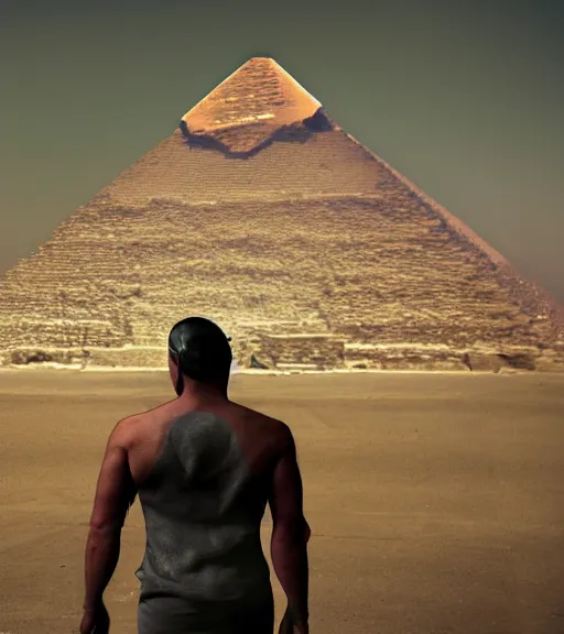 Image similar to a beefy man with a machine gun, egyptian pyramid in the background, 4 k, sharp focus, real life photo, highly detailed, cinematic, photorealistic, cyberpunk