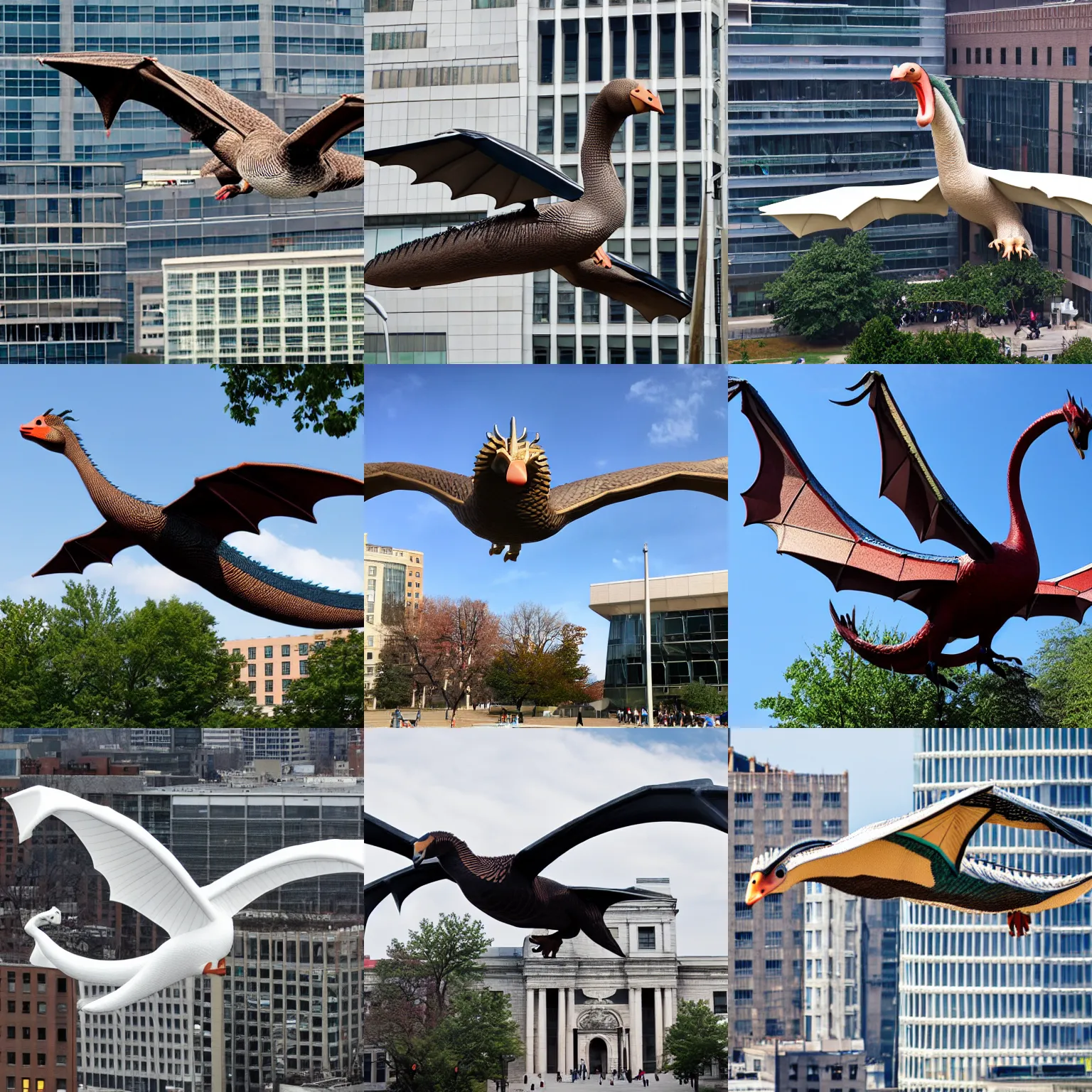 Prompt: A giant goose dragon flying over MIT