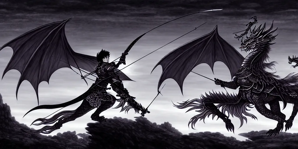 Prompt: korean archer. asian dragon. night sky. moon. river. mountain. dark fantasy. high resolution. dungeons and dragons. fantasy. detailed. digital art. dark fantasy. kentaro miura