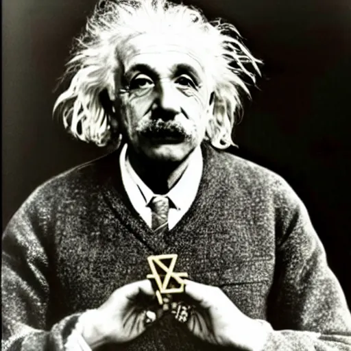 Image similar to photo of einstein wearing two gold chains and making gang signs with his hands