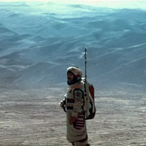 Image similar to kurdish astronaut holding a kurdistan flag in a movie directed by christopher nolan, movie still frame, promotional image, imax 7 0 mm footage