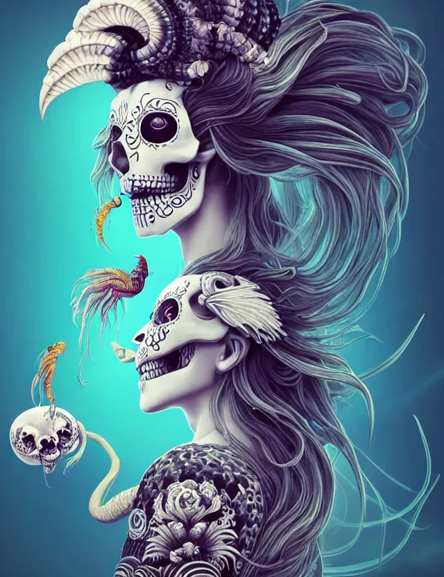 Image similar to 3 d goddess skull half - turn portrait with long hair with ram skull. beautiful intricately detailed japanese crow kitsune mask and clasical japanese kimono. betta fish, jellyfish phoenix, bio luminescent, plasma, ice, water, wind, creature, artwork by tooth wu and wlop and beeple and greg rutkowski