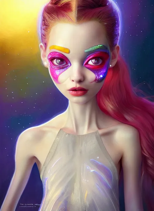 Image similar to pixar portrait 8 k photo, beautiful shiny white rich galactic prima ballerina clowncore russian cyborg college girl, golden ratio details, sci - fi, fantasy, cyberpunk, intricate, decadent, highly detailed, digital painting, ever after high, octane render, artstation, concept art, smooth, sharp focus, illustration, art by artgerm, loish, wlop