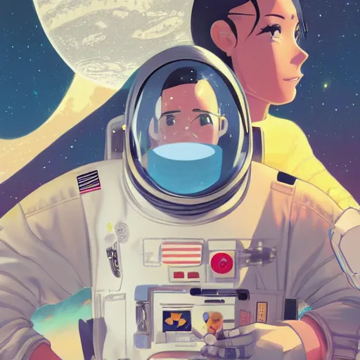 Image similar to model pixar kim kardashian light novel illustration as an astronaut by makoto shinkai by victo ngai by