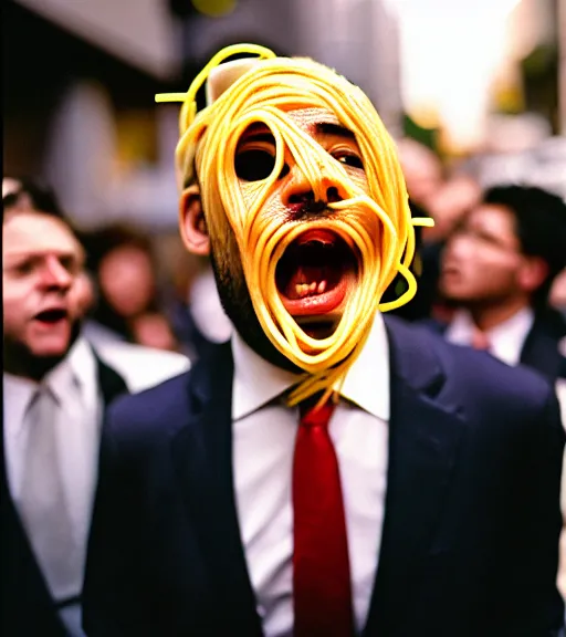 Image similar to man in a suit with spaghetti face screaming in a crowd in san - francisco, film photography, direct flash, kodak portra 4 0 0,