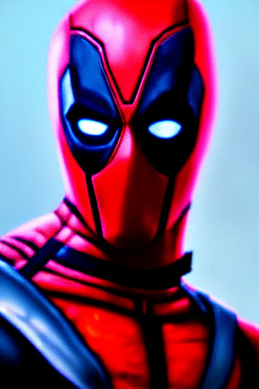 Image similar to cinematic shot of an epic portrait deadpool as a baby with hes suit, shiny skin, beautiful eyes, beautiful, small details, night setting, realistic poster with volumetric light from craig mallism, artgerm, jeremy lipkin and michael garmash, unreal engine, radiant light, detailed and complex environment, digital art, trends at art station, a masterpiece