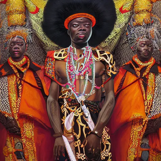 Image similar to highly detailed painting of the oba of benin surrounded by masquerades, fantasy, 8 k, realistic, symmetrical, digital illustration, in the style of kehinde wiley, artem demura