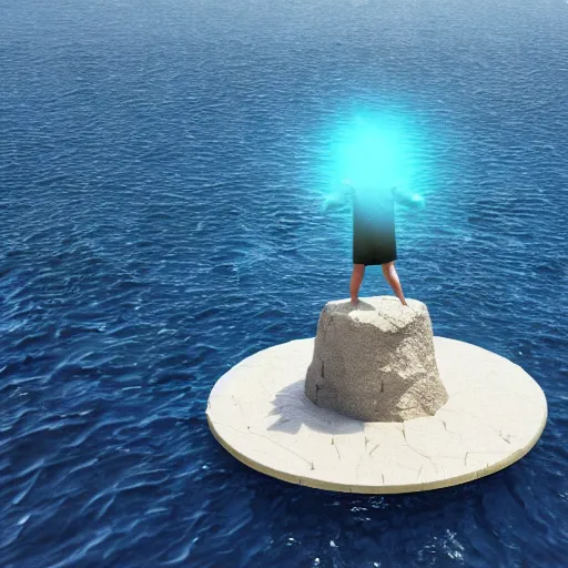 Image similar to 3d render of the most powerful person on earth with water super powers, Standing on a small round island, floating in the ocean, high detail,