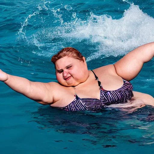 Prompt: a far shot photo of a obese women swimming behind a boat, 8k, DSLR, highly detailed skin, highly detailed hands