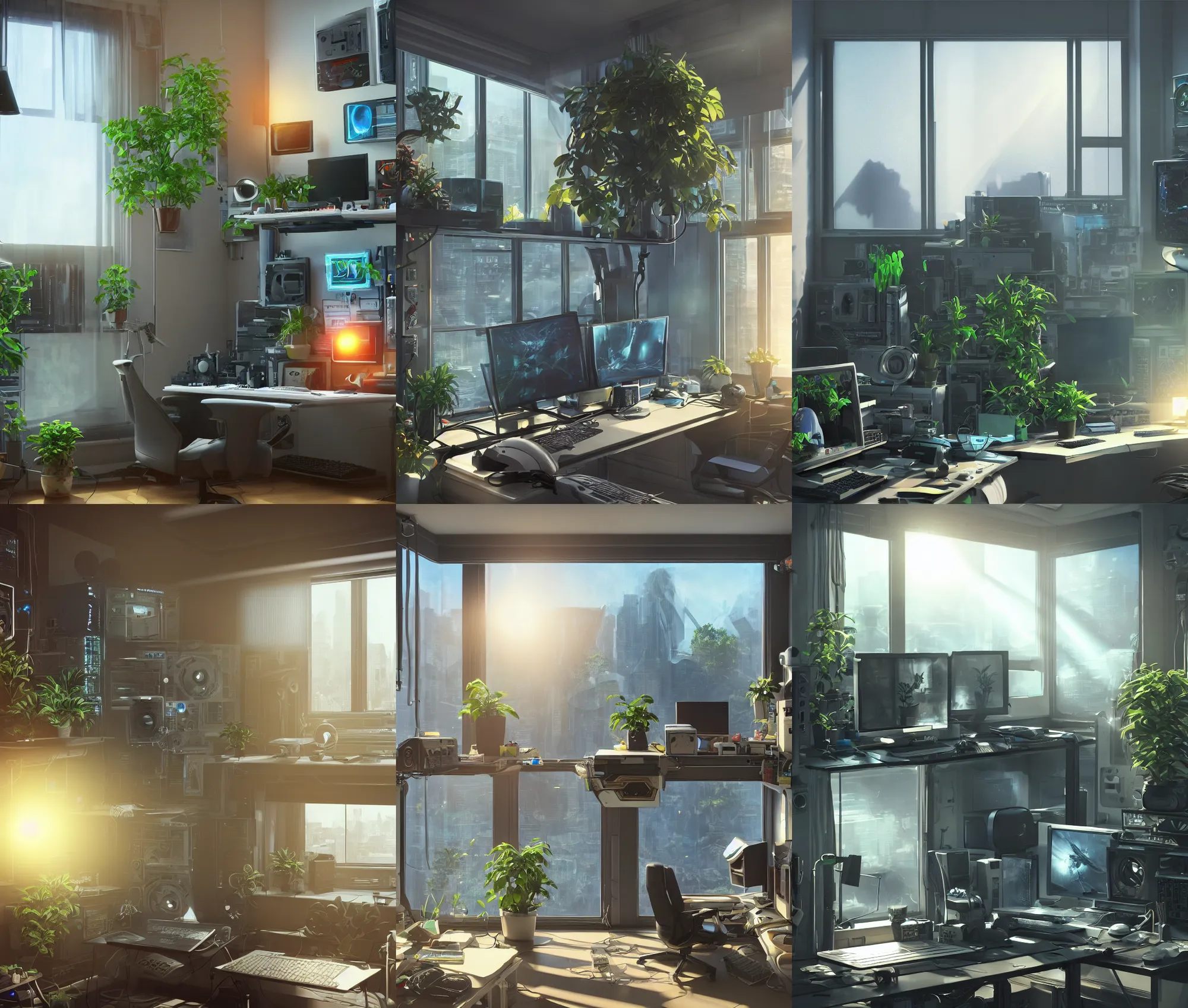 Prompt: detailed scifi artstation scene of a complex computer workstation in a small studio apartment room, a potted plant, many monitors, many electronics, a window view, window curtain, maximalism, volumetric light, sunny amber morning light, sun beam, atmospheric haze, unreal engine, hyperrealism, realistic shading, blender render, photorealistic, wide shot