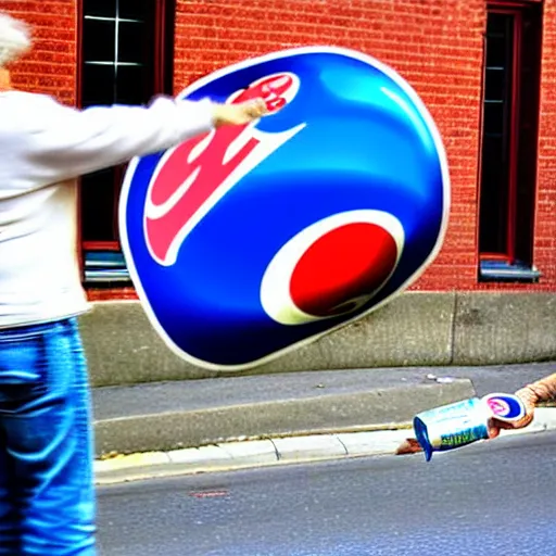 Image similar to Pepsi Man is throwing cans of pepsi at elderly woman. realistic photograph.