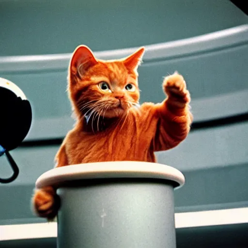 Prompt: 1 9 8 0's color photo of angry ginger cat in spacesuit giving public speech