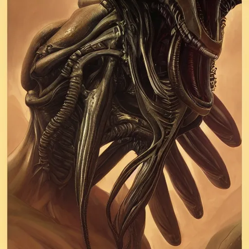 Image similar to Portrait of a xenomorph from alien, intricate, highly detailed, digital painting, artstation, concept art, 8k, smooth, sharp focus, illustration, art by artgerm and greg rutkowski and alphonse mucha