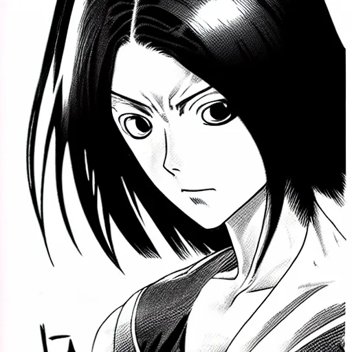 Image similar to alita by yukito kishiro. medium shot. black and white manga. pencil drawing. high detailed face