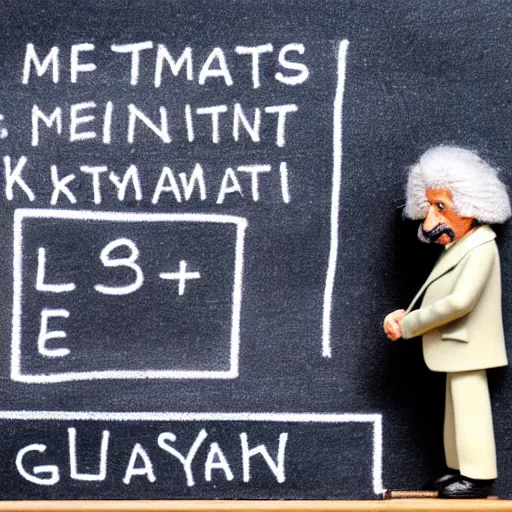 Image similar to claymation miniature scene of albert einstein standing in front of miniature blackboard with lots of mathematical formulas chalked on