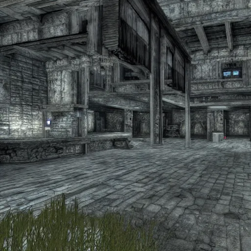 Prompt: berghain in the middle of whiterun, 3 dgc, wide shot, skyrim, oblivion, pc game, gameplay screenshot