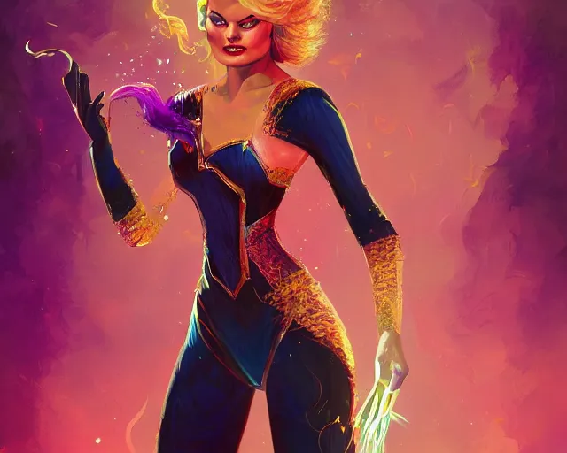 Image similar to margot robbie as a beautiful magician casting colorful spells, fantasy art, in the style of Fernando Juarez, illustration, epic art, fantasy, intricate, elgant, amazing detail, digital painting, artstation, concept art, smooth, sharp focus