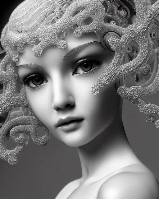 Image similar to mythical dreamy black and white organic translucent bio-mechanical spinal ribbed profile face portrait detail of mechanical beautiful female angelic-snowy-human-doll, highly detailed, intricate crystal jelly steampunk ornate, poetic, 3D render, digital art, octane render, 8K artistic photography, photo-realistic, by Dora Maar