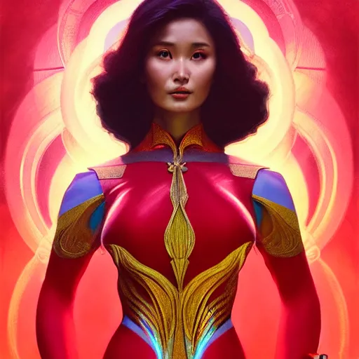 Image similar to heart evangelista as darna, volumetric lights, red and cyan theme, art nouveau botanicals, intricate, highly detailed, digital painting, artstation, concept art, smooth, sharp focus, cinematic, illustration, beautiful face, art by artgerm and greg rutkowski and alphonse mucha