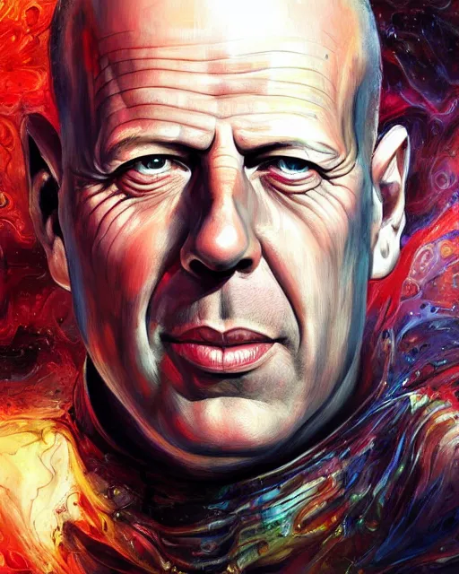 Image similar to bruce willis, by antonio j. manzanedo, giger, alex grey, android jones, wayne barlowe, philippe druillet, raymond swanland, cyril rolando, josephine wall, harumi hironaka, trending on artstation